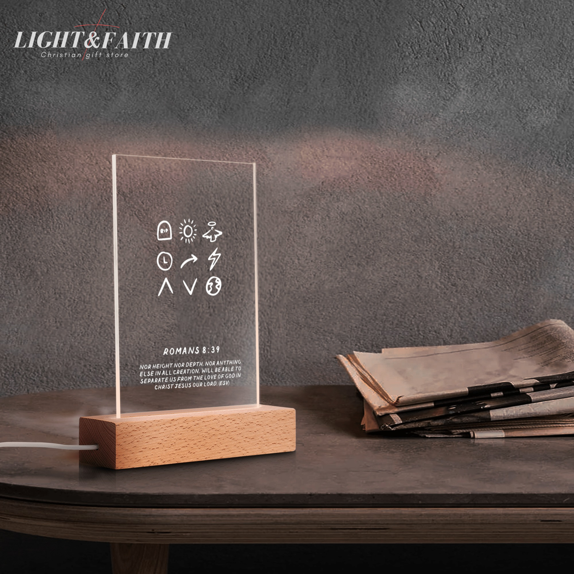 Romans 8:39 LED Light, Christian Bible Verse Lamp, Inspirational Acrylic Night Light, Religious Home Decor, Faith Gift for Believers. NLLAF50